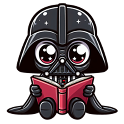 En tegneserieagtig karakter, der ligner Darth Vader, sidder og læser en bog med store, søde øjne.