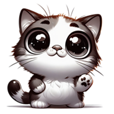 En tegneserieagtig kat med sort og hvid pels, der vinker med en pote.