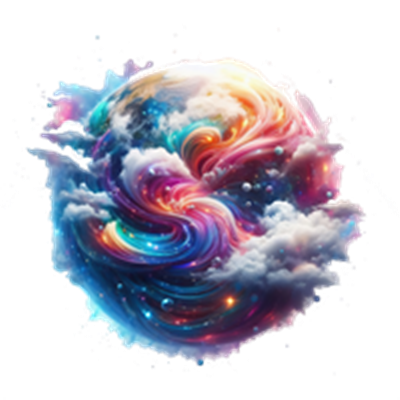 Et fantasifuldt billede af en planet omgivet af farverige skyer og galaktiske elementer.