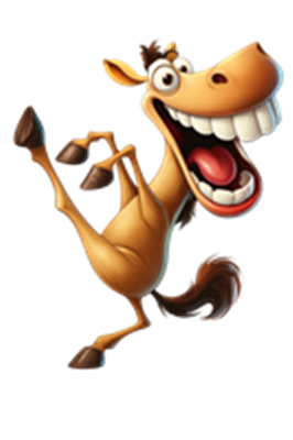 En farverig og glad hest, der danser og smiler, med livlig energi.