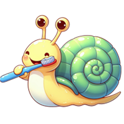 En farverig, tegneserieagtig snegl, der børster sine tænder med en tandbørste.