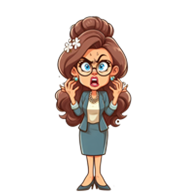 En tegnet kvinde i jakkesæt med briller, der ser chokeret og frustreret ud.