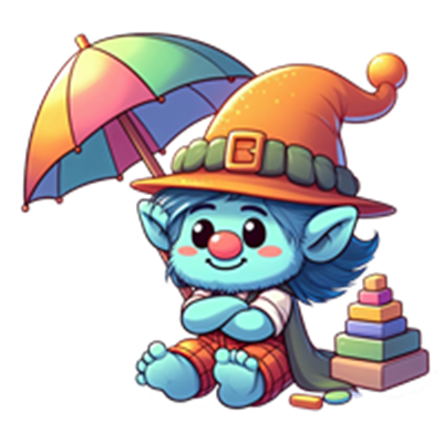 En sød, blå goblin med en farverig paraply, der sidder med legoklodser.