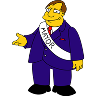 En tegneseriefigur iført en dragt og borgmesterbånd, der gestikulerer.