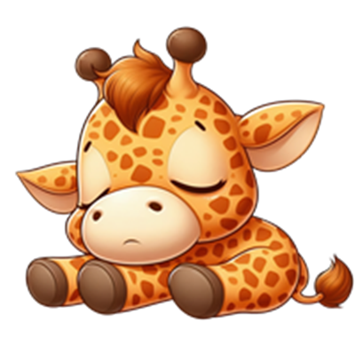 Et nuttet, tegnet girafbarn, der ligger ned med lukkede øjne og en sød udtryk.