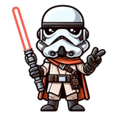 En sød, tegneserieagtig stormtrooper iført kappe, der holder et rødt lyssværd.
