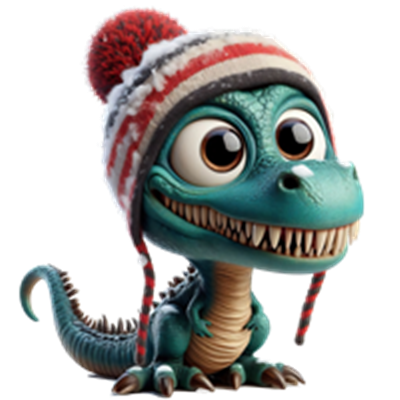 En farverig og venlig dinosaur med store øjne iført en stribet hue.