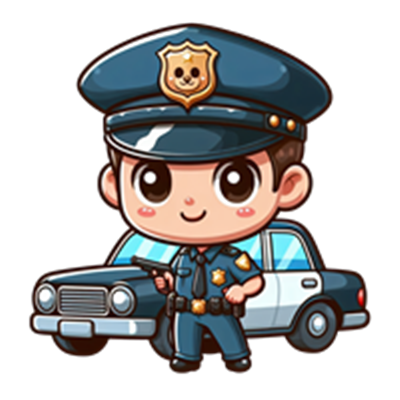 En tegneserieagtig politibetjent står ved siden af en politibil med et venligt smil.