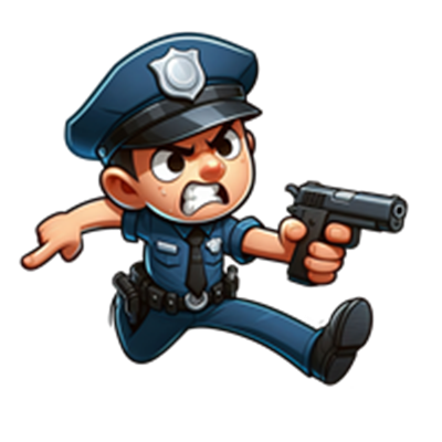 En tegneserieagtig politibetjent løber med en pistol, klar til handling.