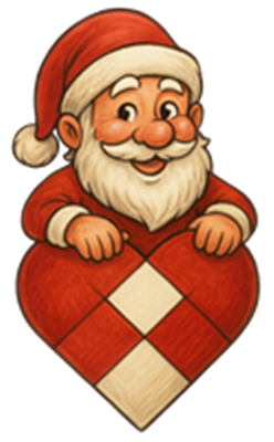 En glad julemand med hvidt skæg og rød dragt, der sidder i en hjerteformet ramme.