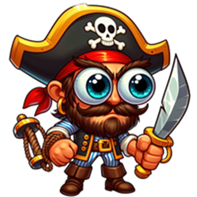 En farverig og cartoonagtig pirat med en stor hat, sværd og sjove øjne.