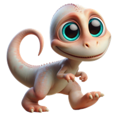 En charmerende, animeret dinosaur med store øjne, der løber glad.