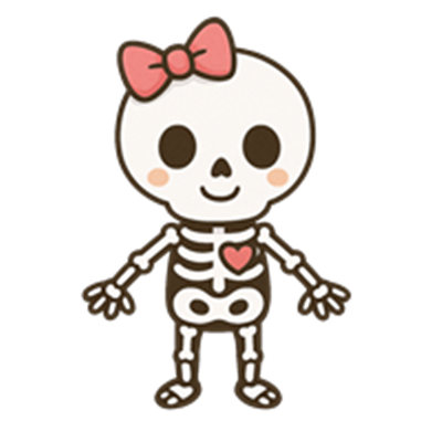 Et nuttet skelet med en rød sløjfe og et hjerte, der stråler af charme.