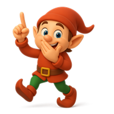 En farverig, glad nisse med rød hat og tøj, der ser ud til at have en sjov idé.