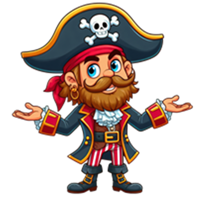 En farverig pirat med skæg, hat og stribede bukser, der gestikulerer venligt.