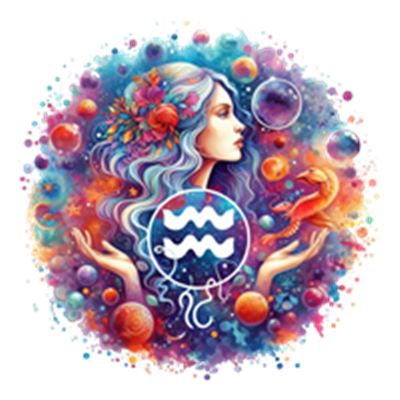 En farverig illustration af en kvinde med bølgende hår, omgivet af stjerner og planeter.