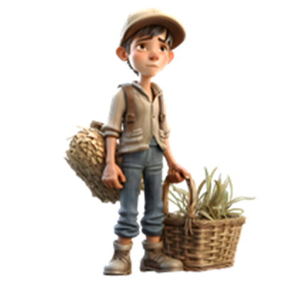 En ung dreng står med en kurv og hø, iført en hat og landmandsklæder.