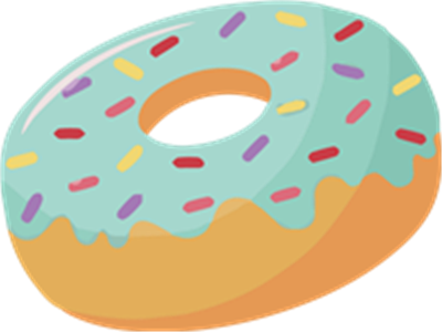 En illustreret donuts med blå glasur og farverige krymmel, der pryder toppen.