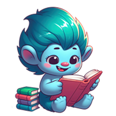 En sød, blå trold med farverigt hår sidder og læser en bog, omgivet af bøger.