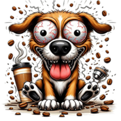 En humoristisk illustration af en hund med store øjne, omgivet af kaffebønner og en kaffekop.