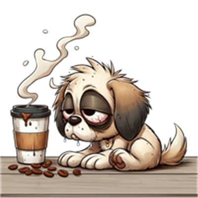 En sød, træt hund sidder ved siden af en kaffekop med damp og kaffebønner.