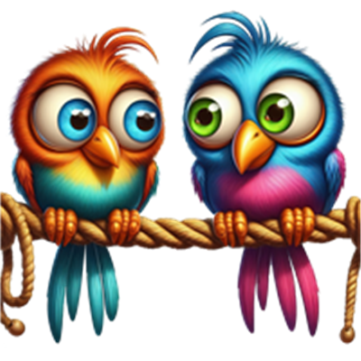 To søde, farverige fugle sidder på en snor, ser nysgerrigt ud.