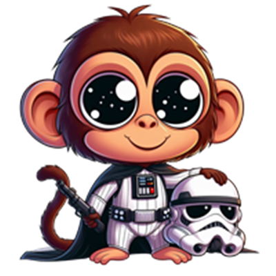 Et sødt, cartoon-lignende billede af en abe klædt som Darth Vader med en stormtrooper-hjelm.