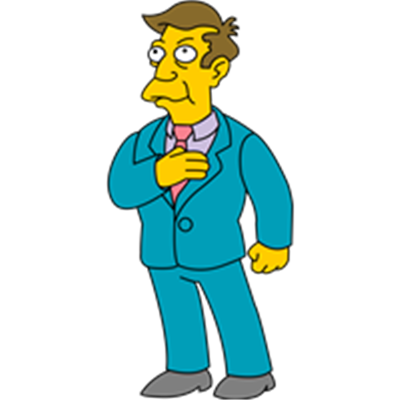 En animeret karakter iført et blå jakkesæt, der står med hånden på hjertet.