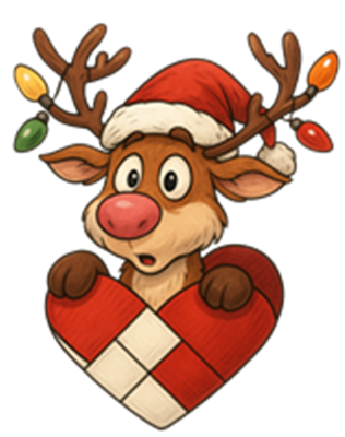 En sød, tegneserieagtig hjort iført en nissehue, der holder et julehjerte.