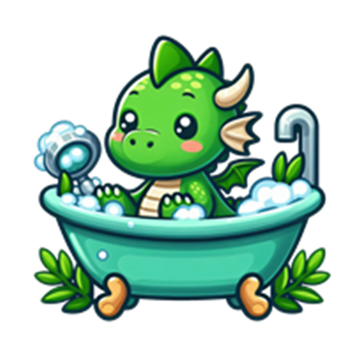 En lille, sød drage sidder i et badekar fyldt med skum og leger med en sæbe.