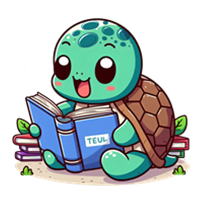 En sød, tegneserieagtig skildpadde læser en bog, omgivet af bøger.