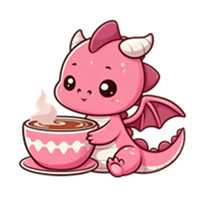 En nuttet, pink drage sidder og nyder en skål varm kakao med skum.