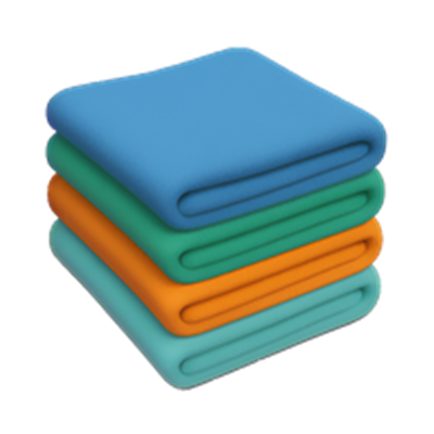 En stak af fire farverige tæpper i blå, grøn, orange og aqua.