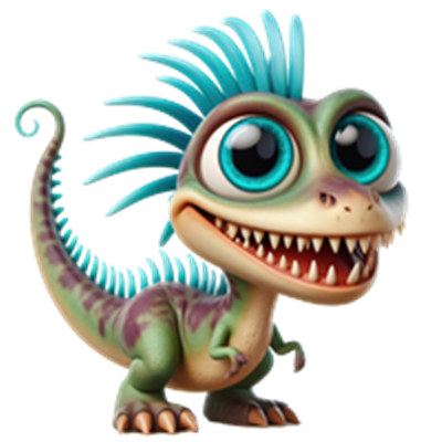 En sød og farverig dinosaur med store øjne og blå pigge på ryggen.