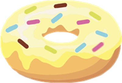 En farverig donut med gul glasur og forskelligt krymmel på toppen.