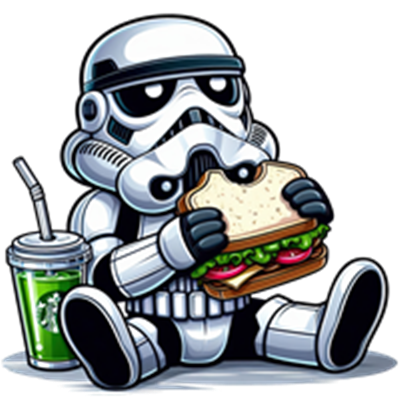 En tegneserieagtig stormtrooper sidder og spiser en sandwich med en drink ved siden af.