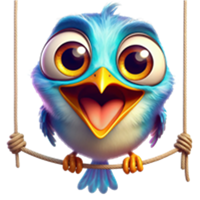 En farverig, glad fugl med store øjne, der svinger på en gynge.