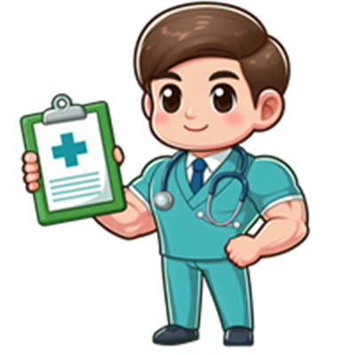 En tegneseriefigur af en sundhedsperson, der holder en clipboard med et kryds.