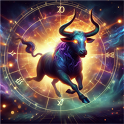 En kunstnerisk fremstilling af en tyr, der bevæger sig gennem et farverigt, kosmisk landskab.