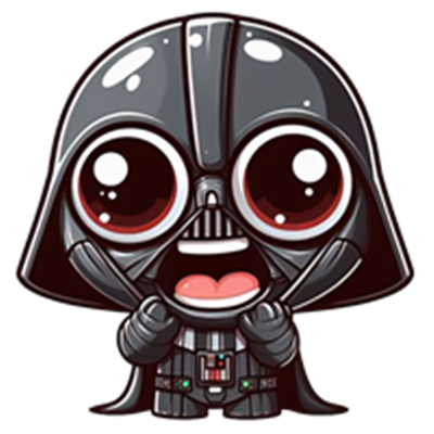 En tegneserieversion af Darth Vader med store, udtryksfulde øjne og en glad mine.