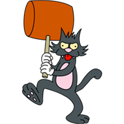 En tegneseriekat, der svinger en stor orange hammer, klar til sjov.