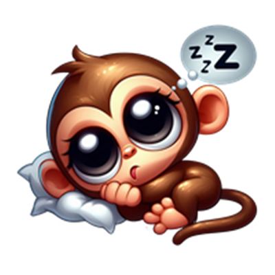 En tegnet abe med store øjne, der ligger på en pude og drømmer.