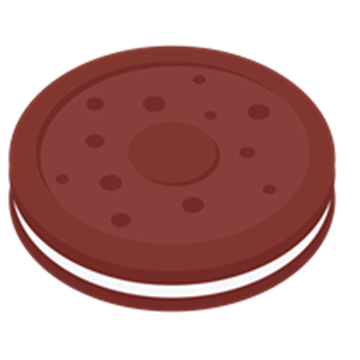 En illustreret chokolade sandwichkage med en hvid cremefyldning.