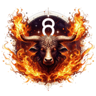 Et kunstnerisk billede af en tyr omgivet af flammer og et tal otte.