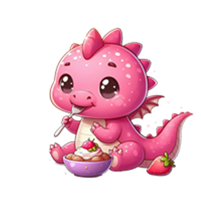 En nuttet, pink drage sidder og spiser dessert fra en skål, omgivet af jordbær.