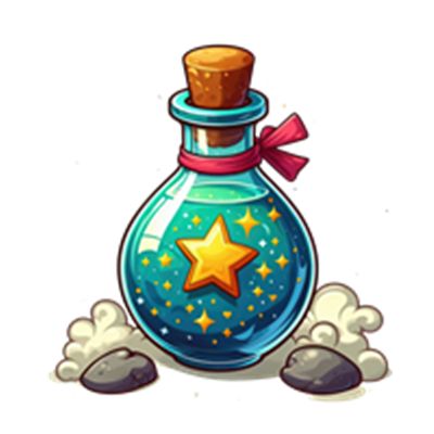 En farverig potionflaske med en stjerne og glitrende effekter, omgivet af røg.