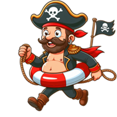 En tegneserie-pirat med skæg og hat, der løber med en redningskrans.