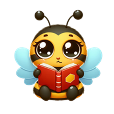 En sød, tegneserieagtig bi med store øjne, der læser en rød bog.