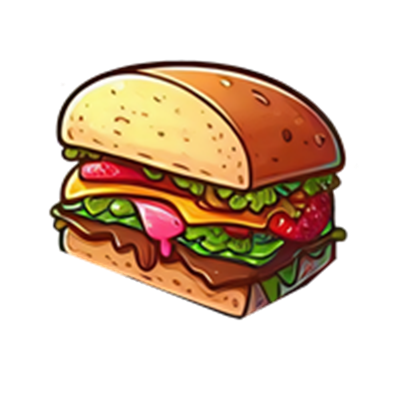 En illustreret burger med forskellige lag af ingredienser, herunder salat, ost og sauce.