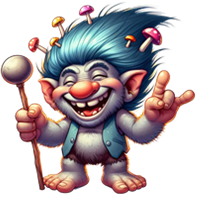 En farverig trold med blå hår og svampe, der smiler og laver et rockete tegn.